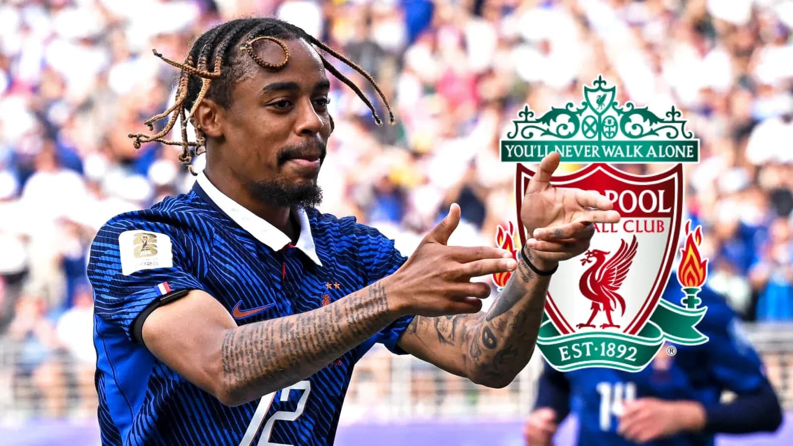 Player celebrating with Liverpool logo in background