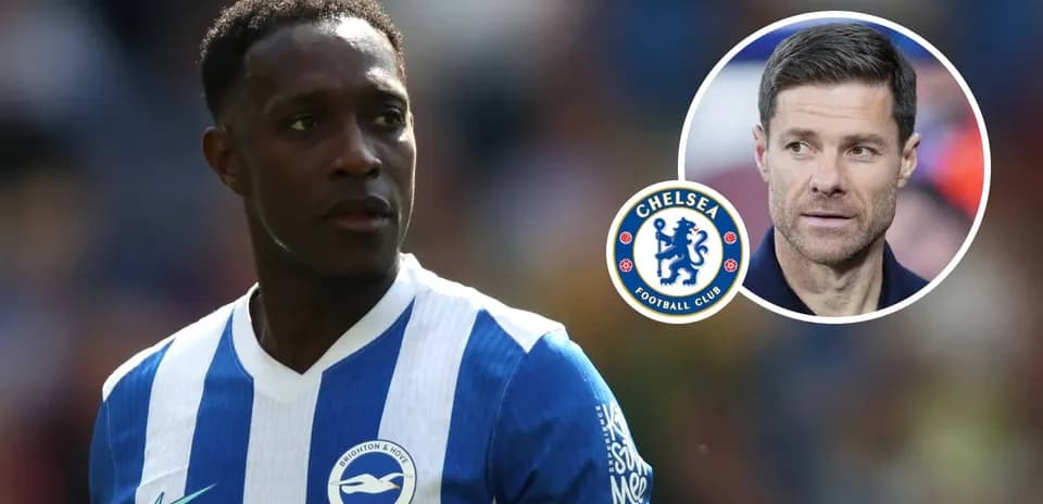 Brighton player with Chelsea logo and coach in background