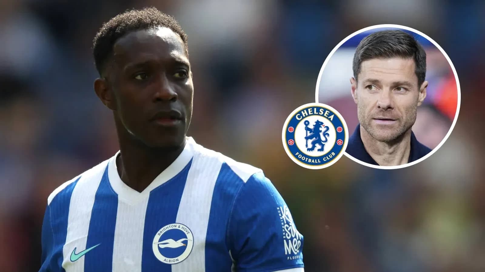Brighton player with Chelsea logo and coach in background