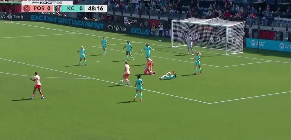Players competing for the ball in NWSL match