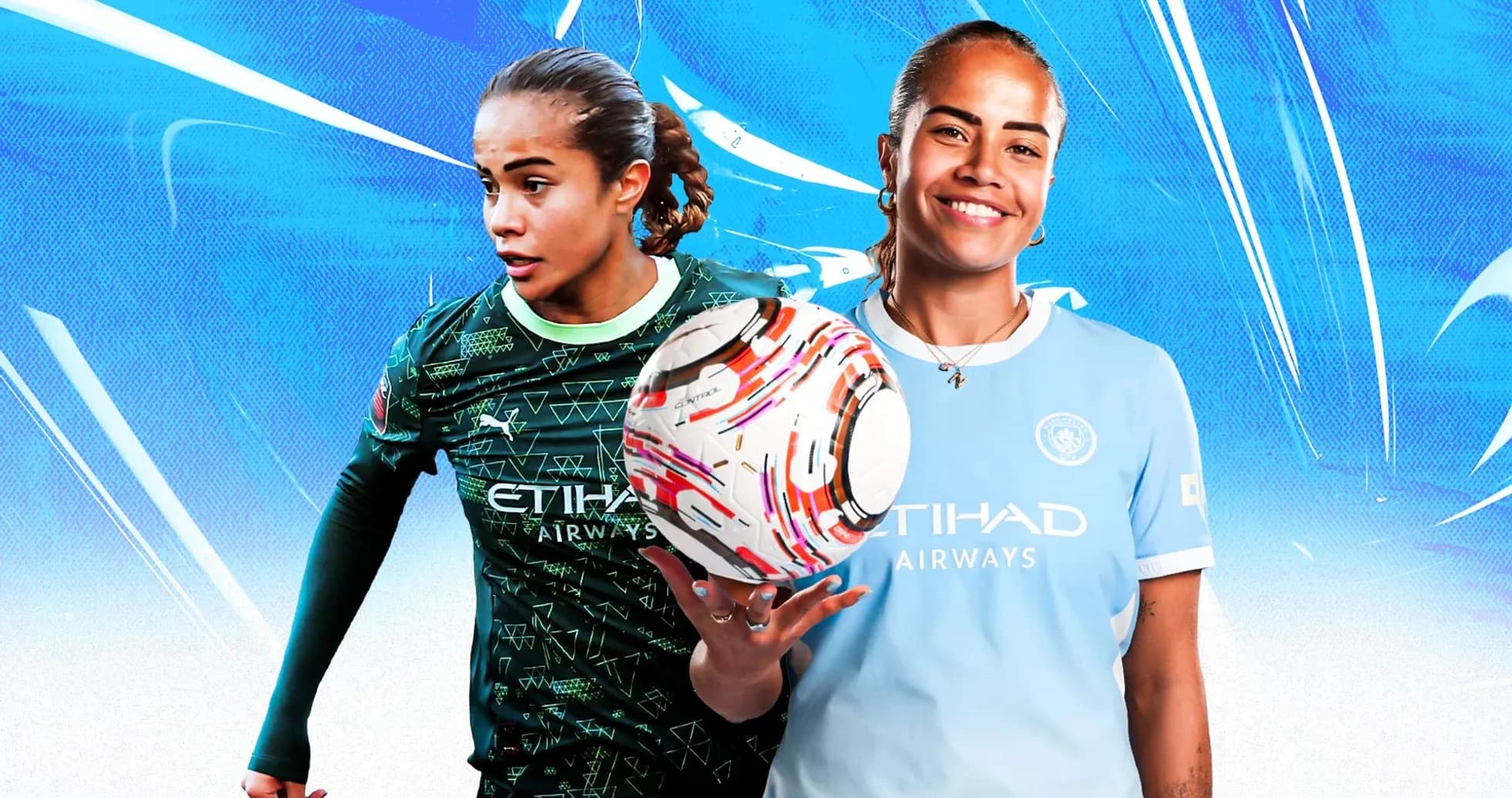 Female player in two different kits holding a ball