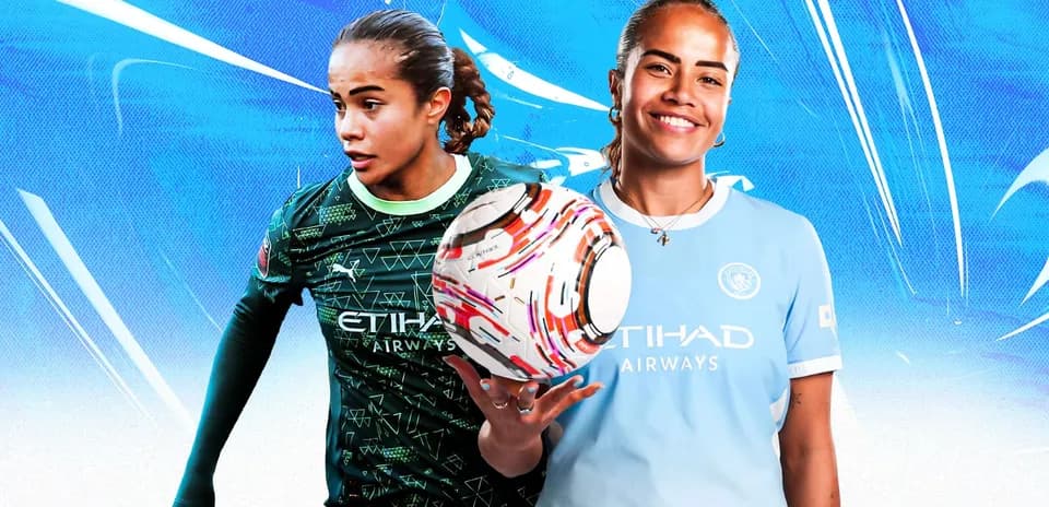 Female player in two different kits holding a ball