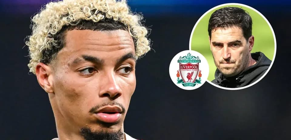 Player with curly hair and Liverpool logo background