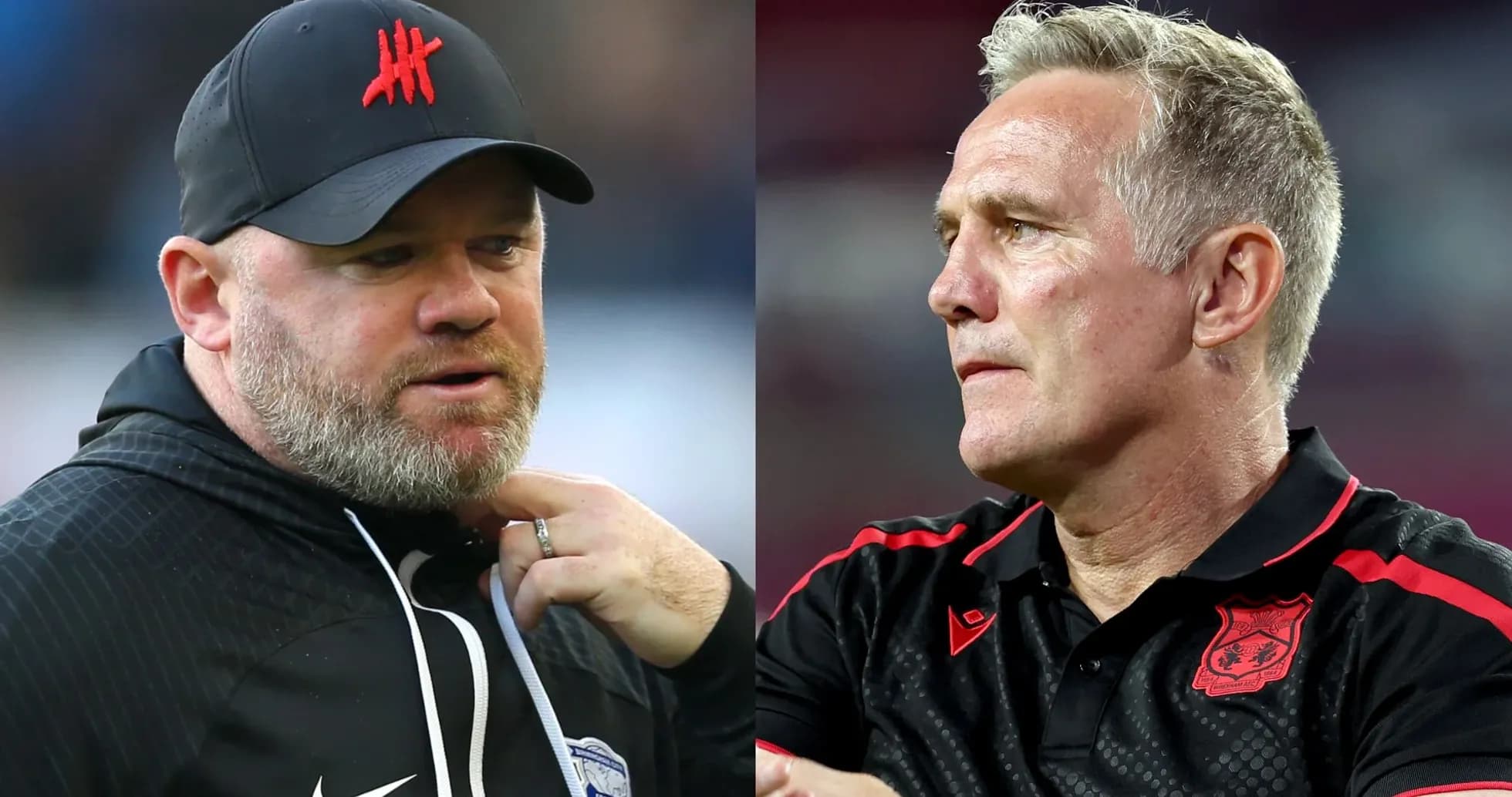 Two football managers in separate team kits