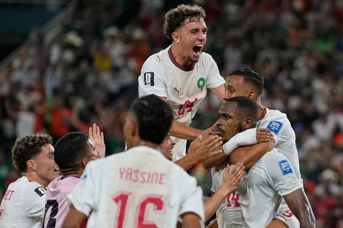 Morocco players celebrating a goal during match