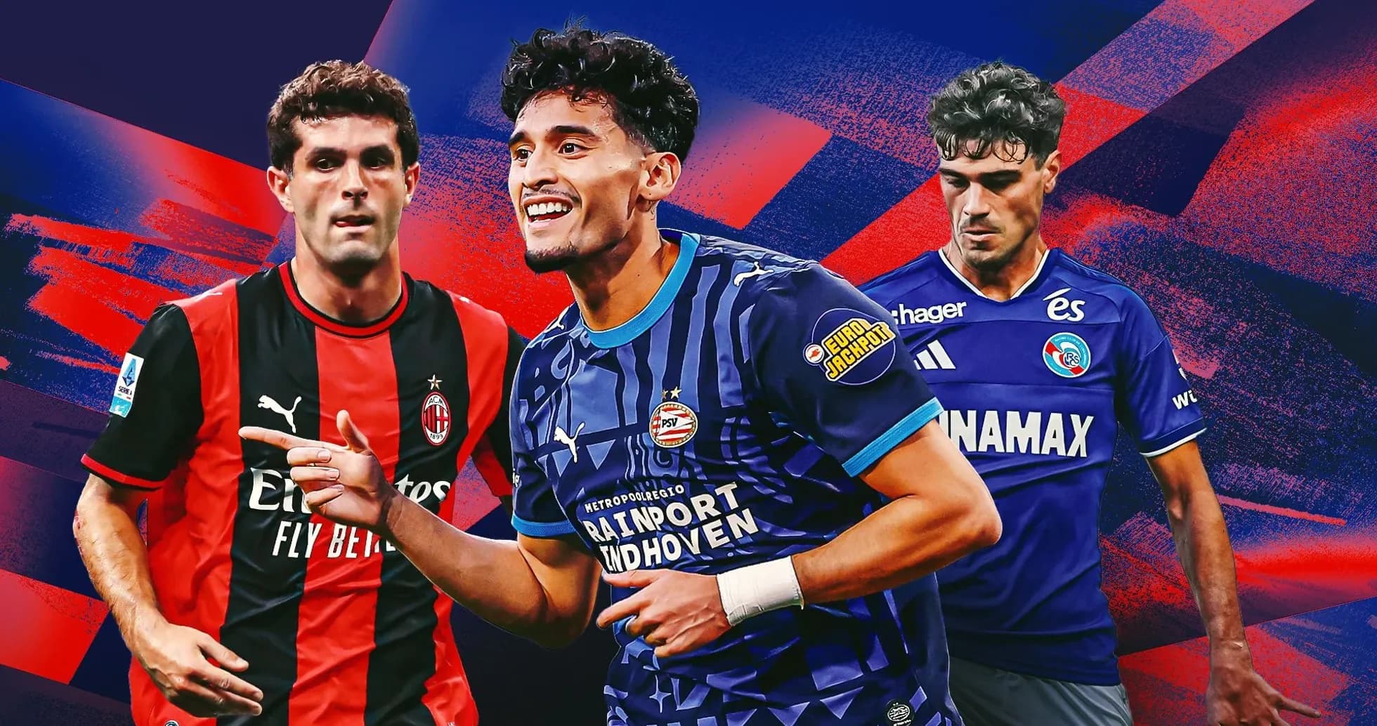Three football players in team jerseys on colorful background
