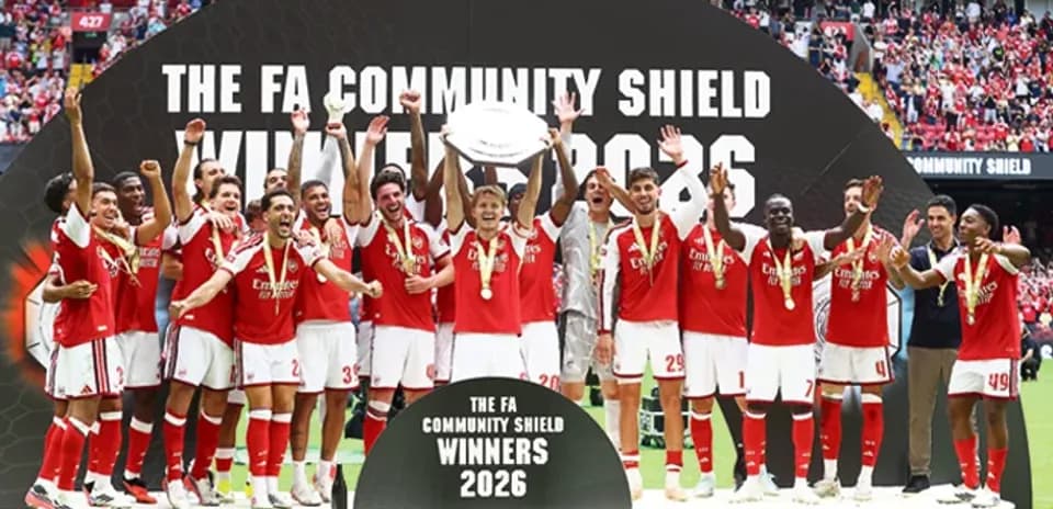 Arsenal team celebrating FA Community Shield victory 2026