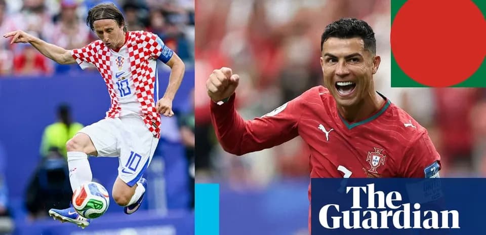 Luka Modric dribbling and Cristiano Ronaldo celebrating