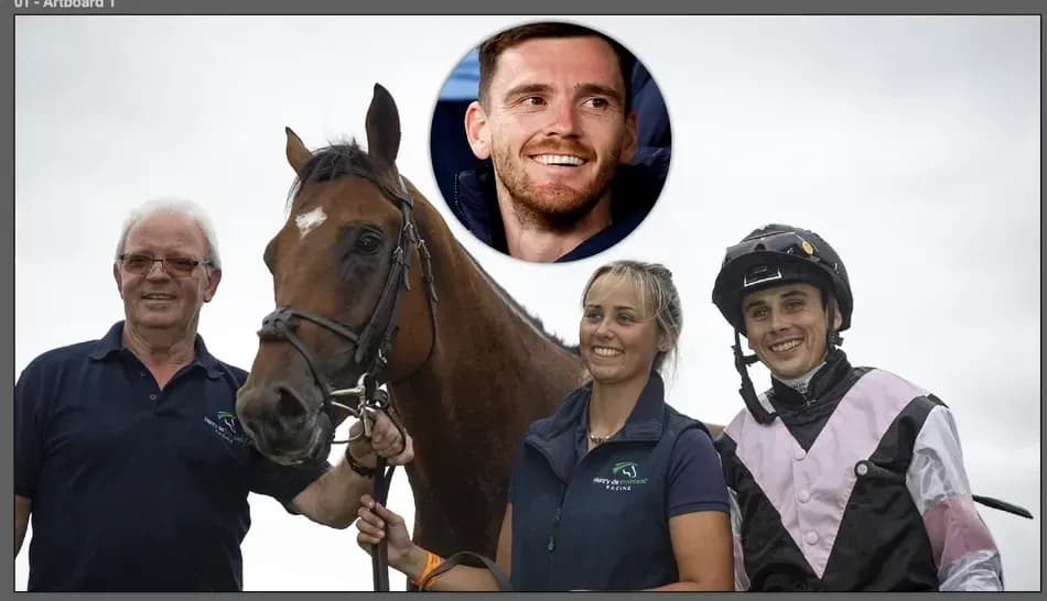 Team posing with horse at racing event