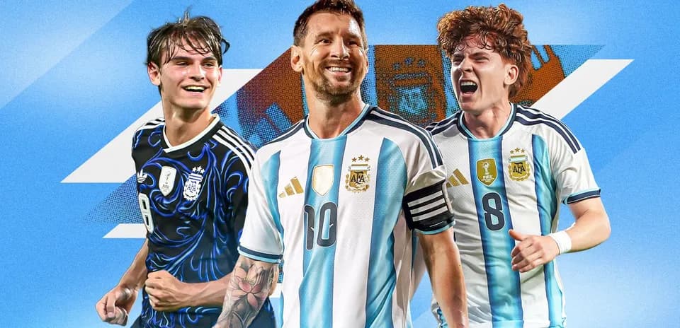Three Argentine players celebrating on blue background