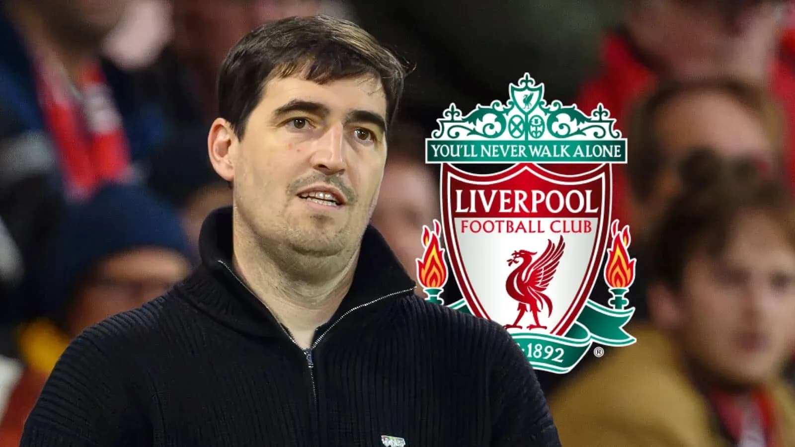 Person in front of Liverpool FC logo at match