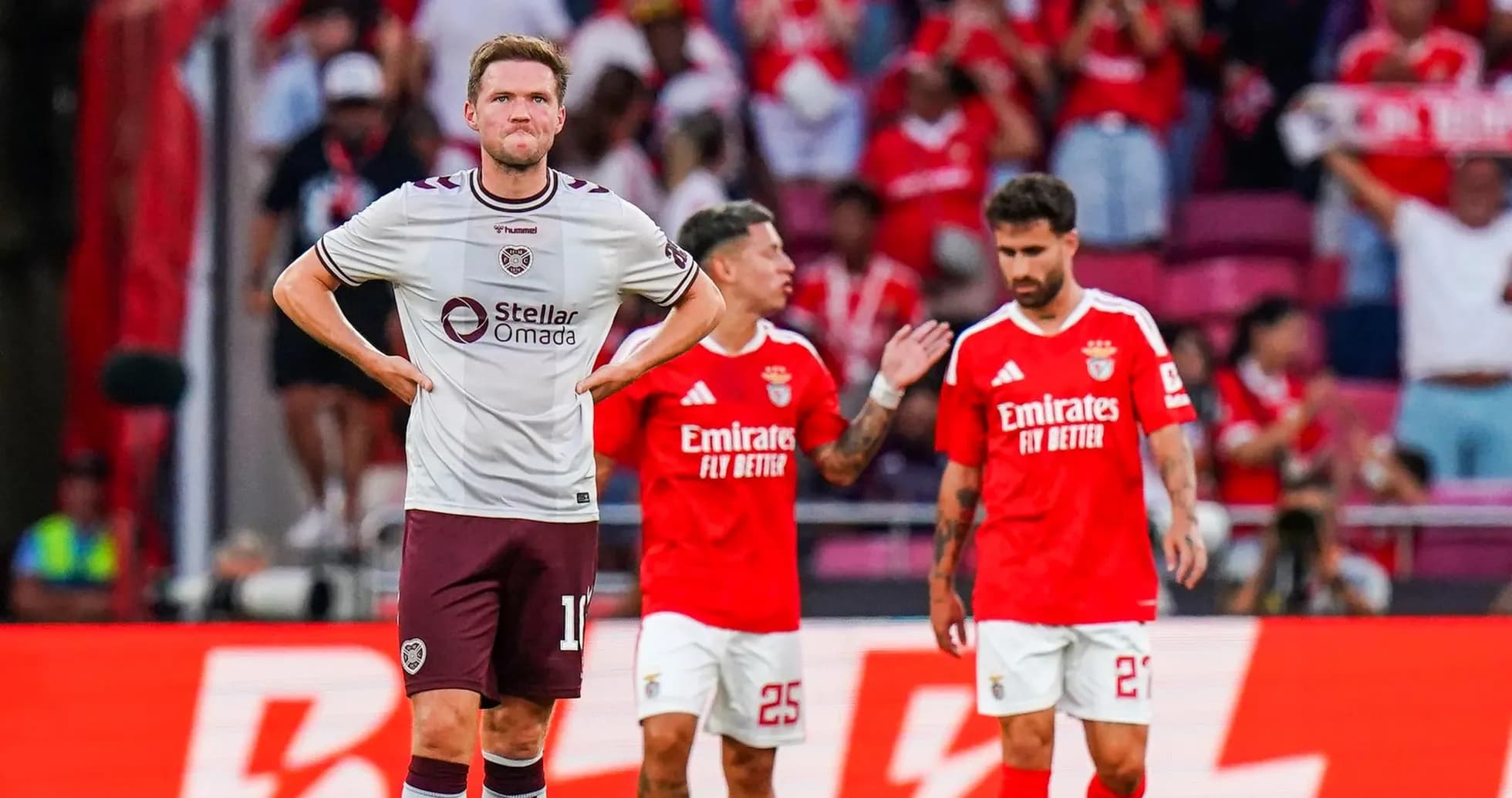 Hearts player reacts during Europa League match