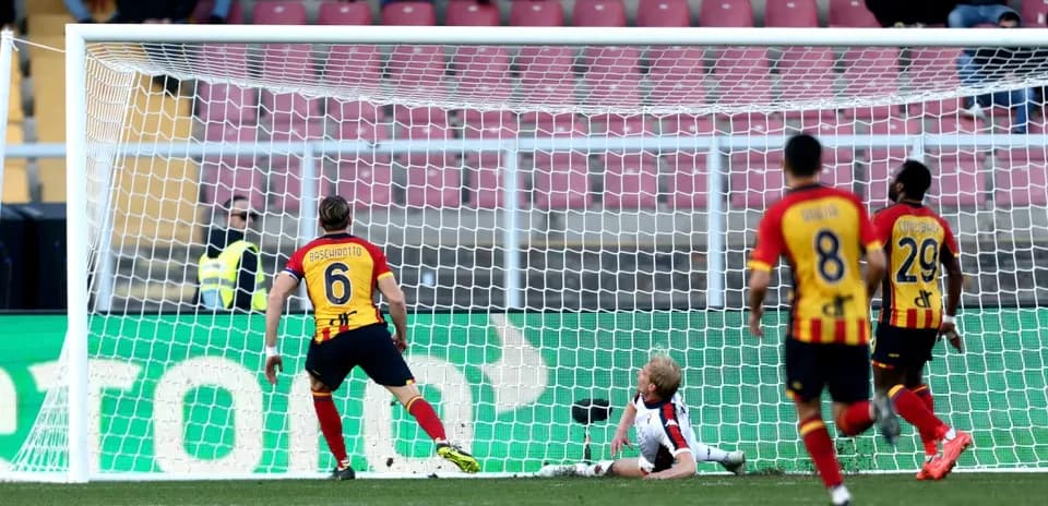 Lecce player scores against Genoa in Serie A