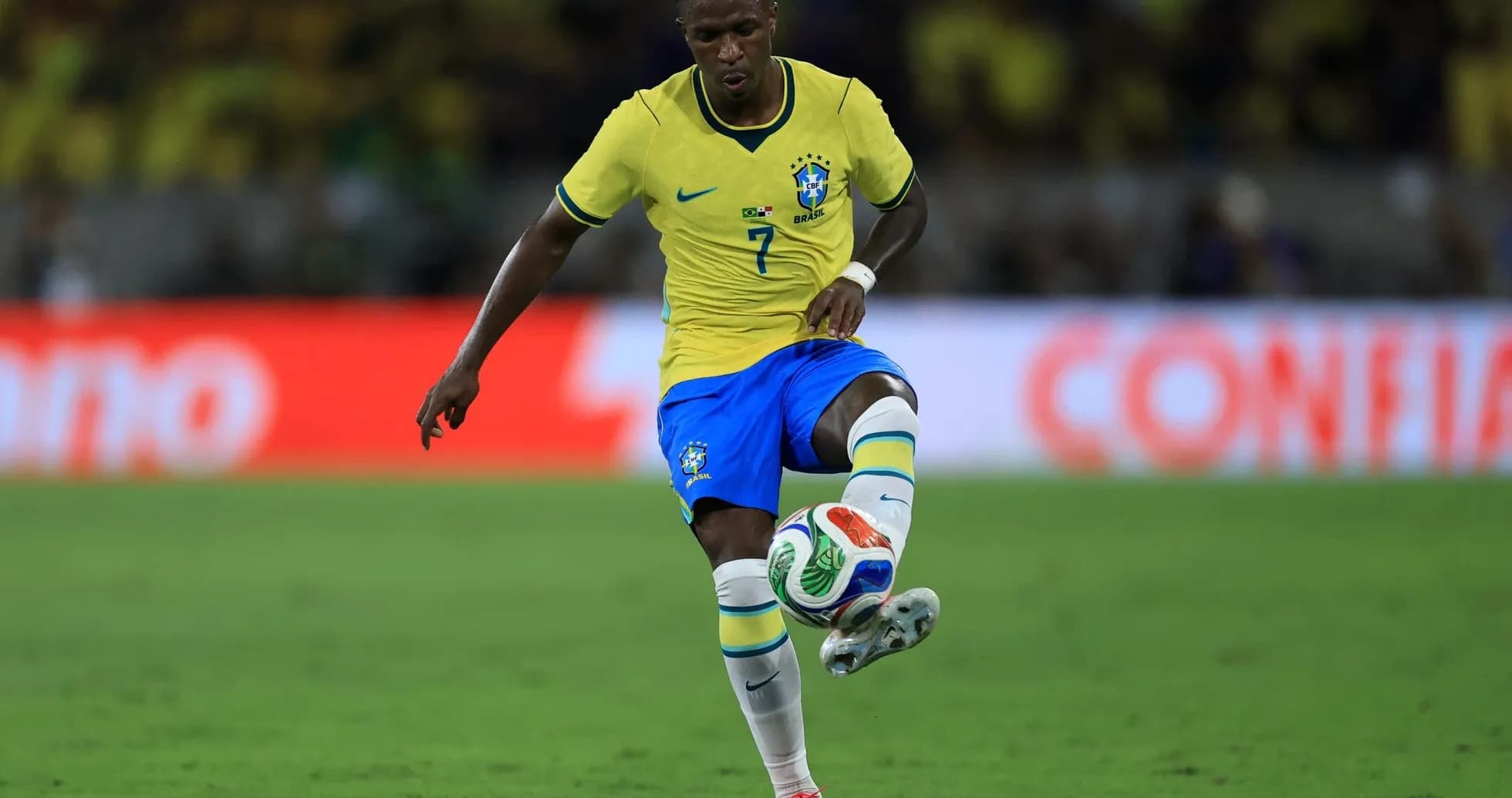 Brazil player dribbling during World Cup match