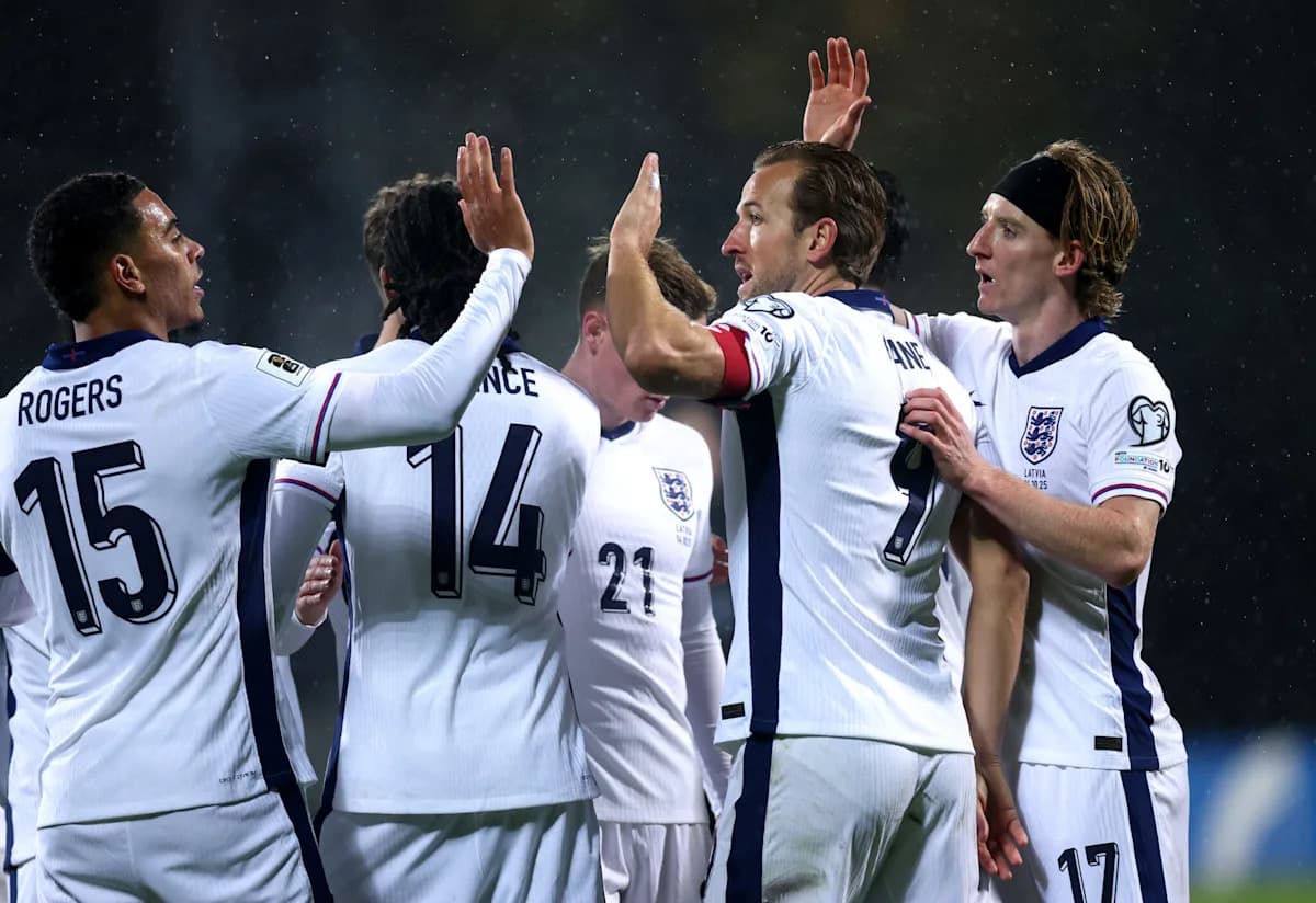 England players celebrating a goal during match