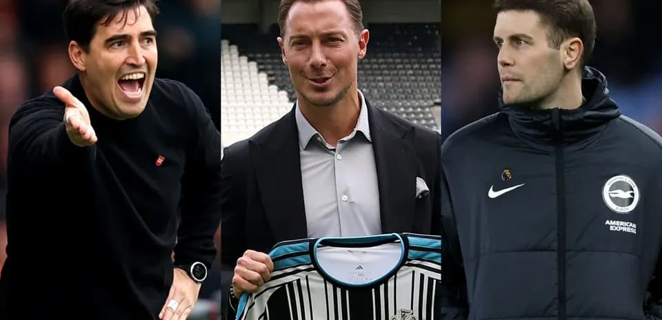 Three football managers posing in various settings