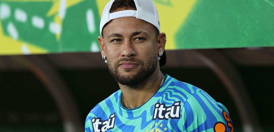 Neymar in Brazil training kit during press event