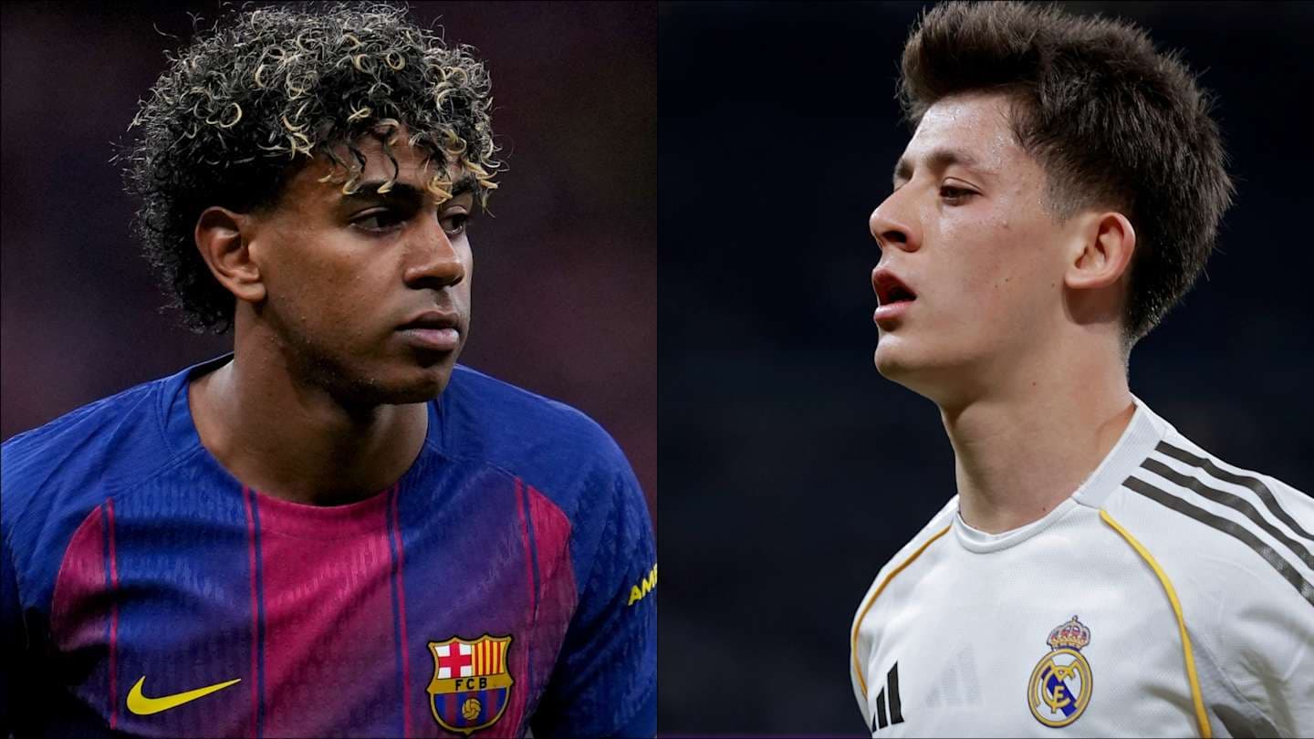 Players from FC Barcelona and Real Madrid facing each other