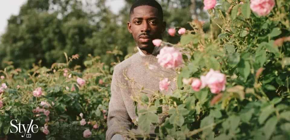 Person sitting among pink roses in garden