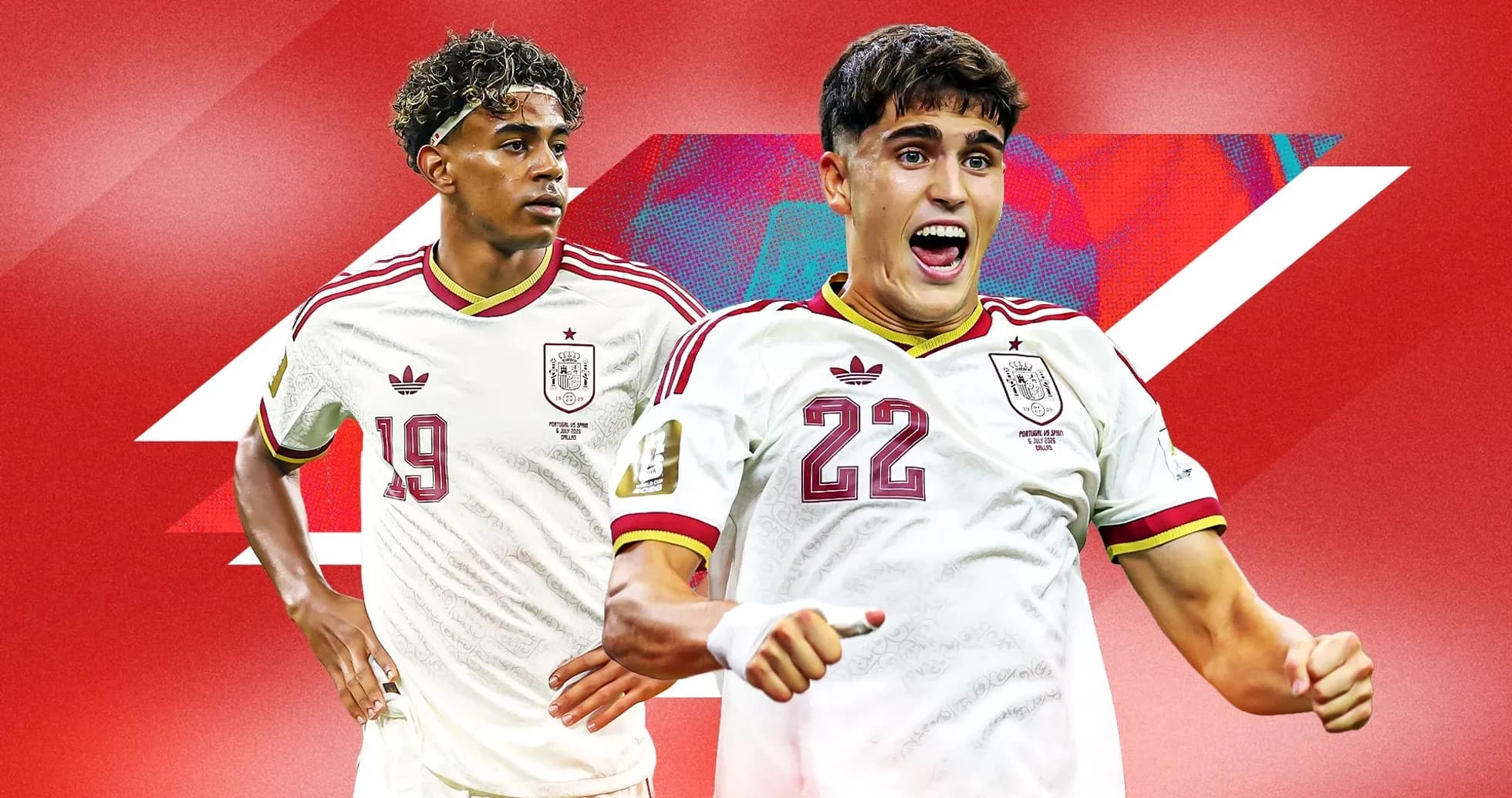 Two Spanish football players in team jerseys