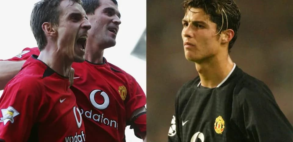 Two Manchester United players celebrating and one in contemplation