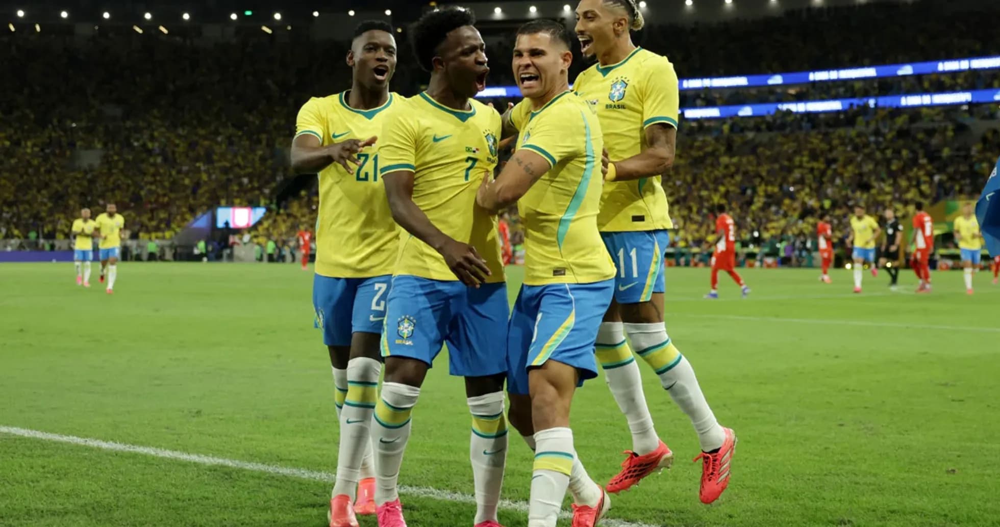 Brazil players celebrating a goal during match