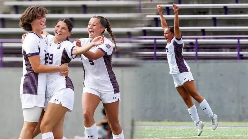 Three players celebrating a goal during match