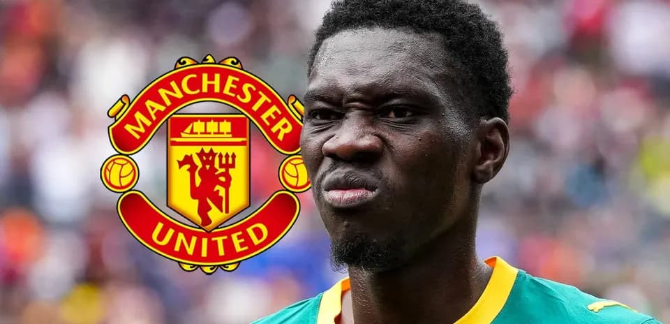 Player in green kit with Manchester United logo background
