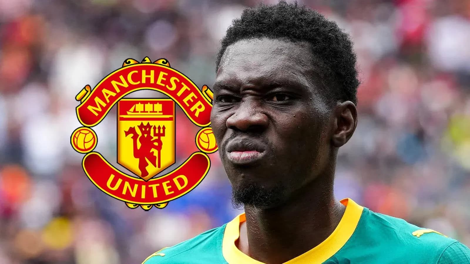 Player in green kit with Manchester United logo background