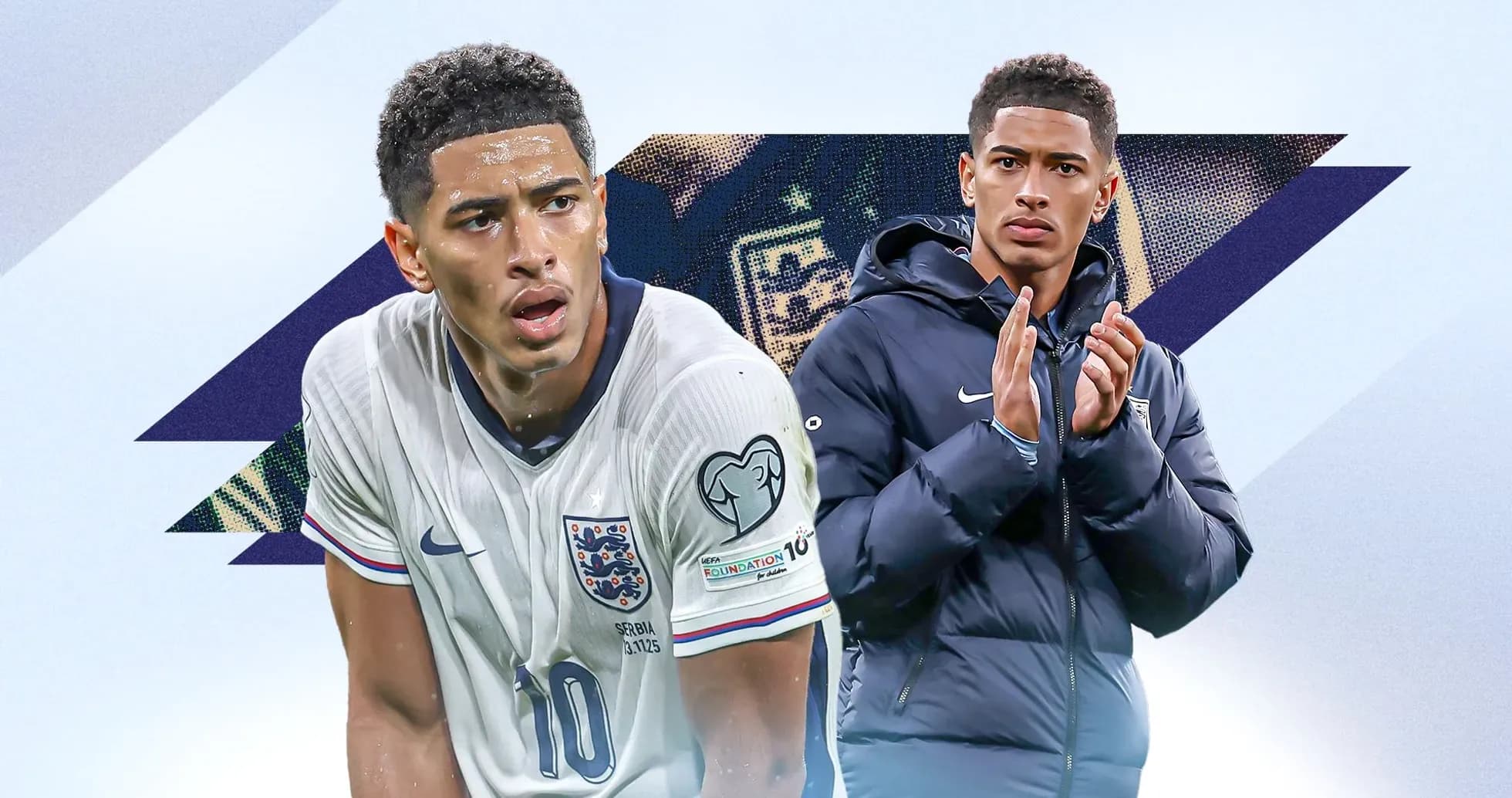 Player in England kit and another in jacket