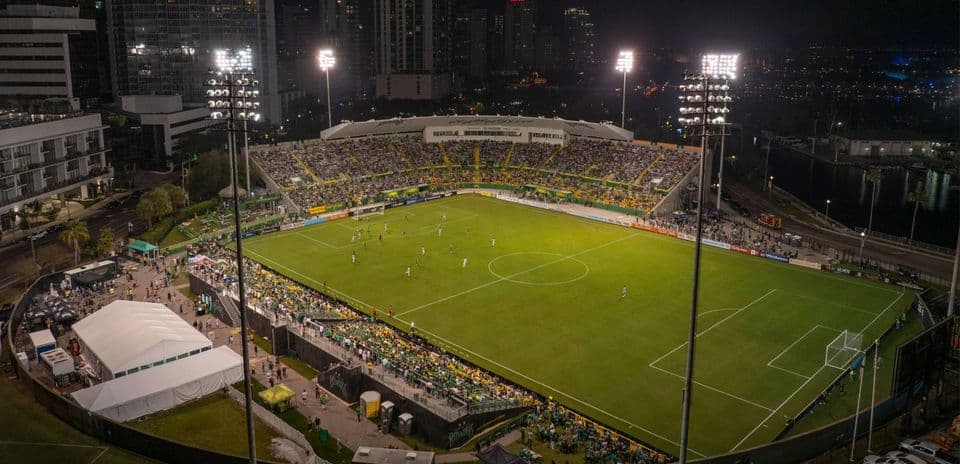 Night view of stadium during football match