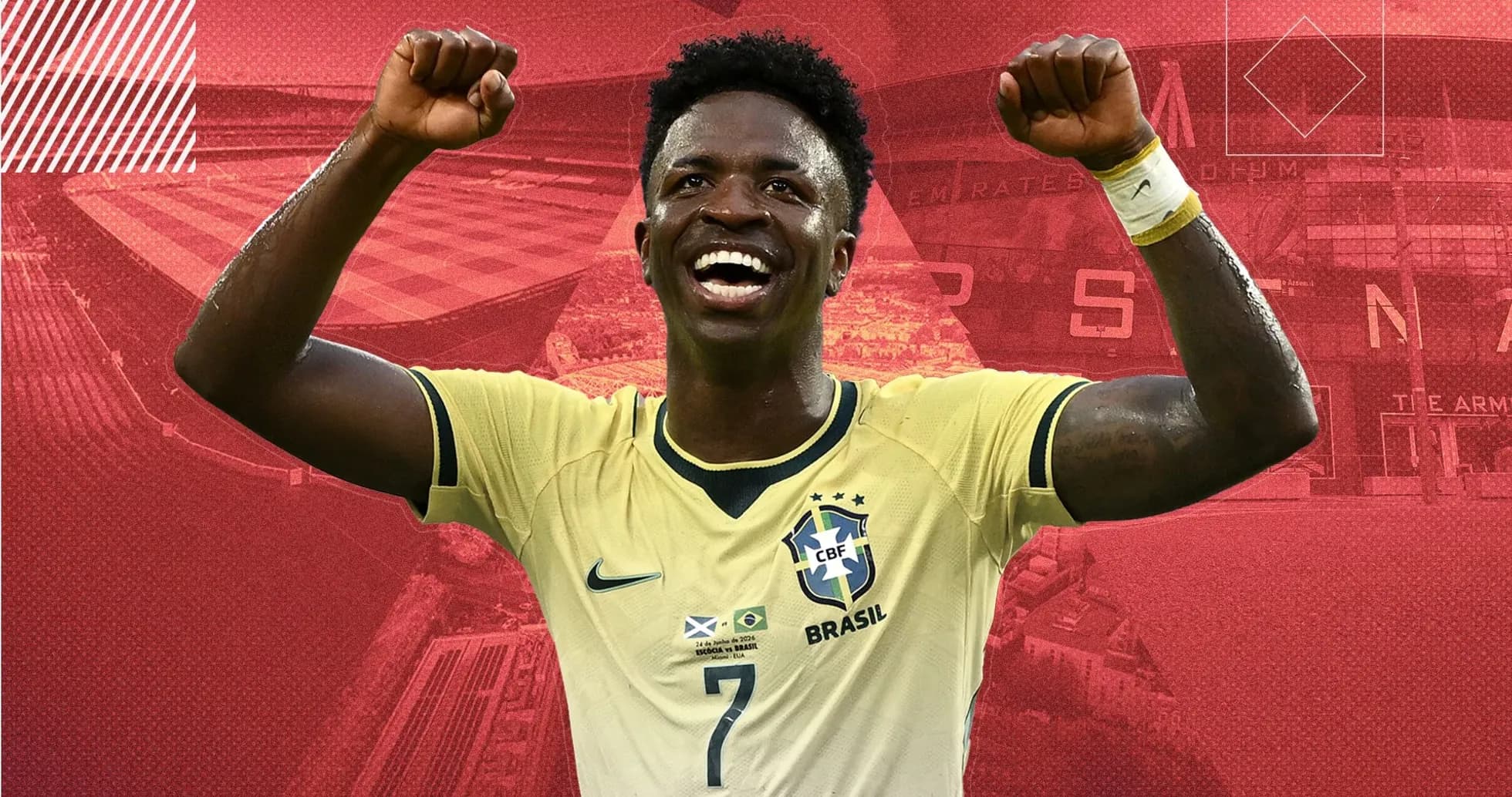 Player celebrating with raised fists in Brazil kit