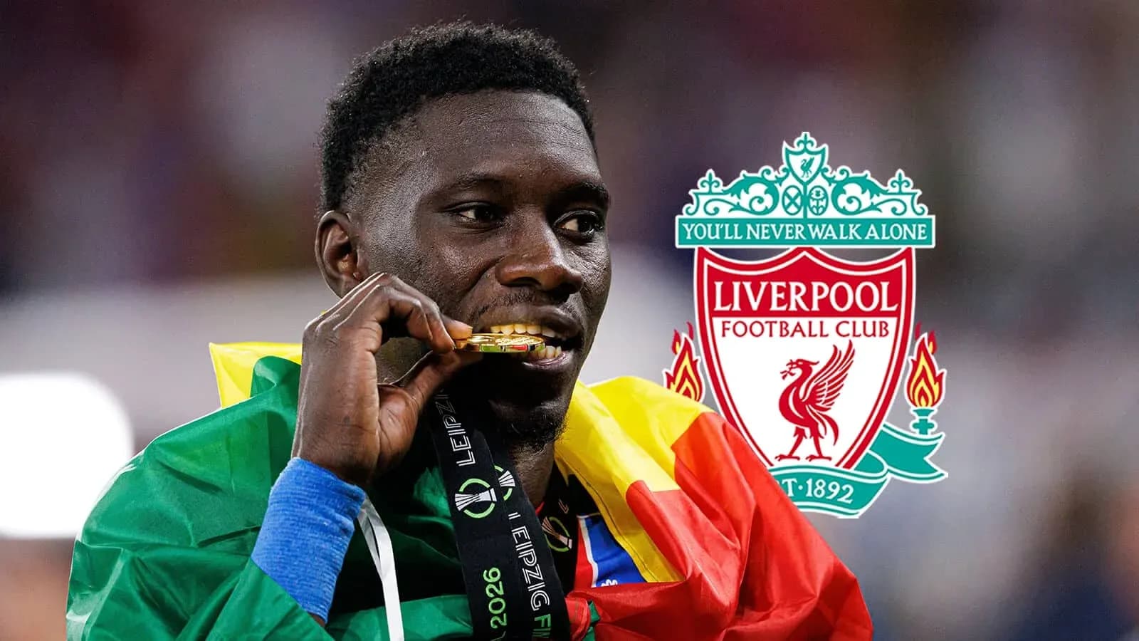 Player celebrating with medal and national flag