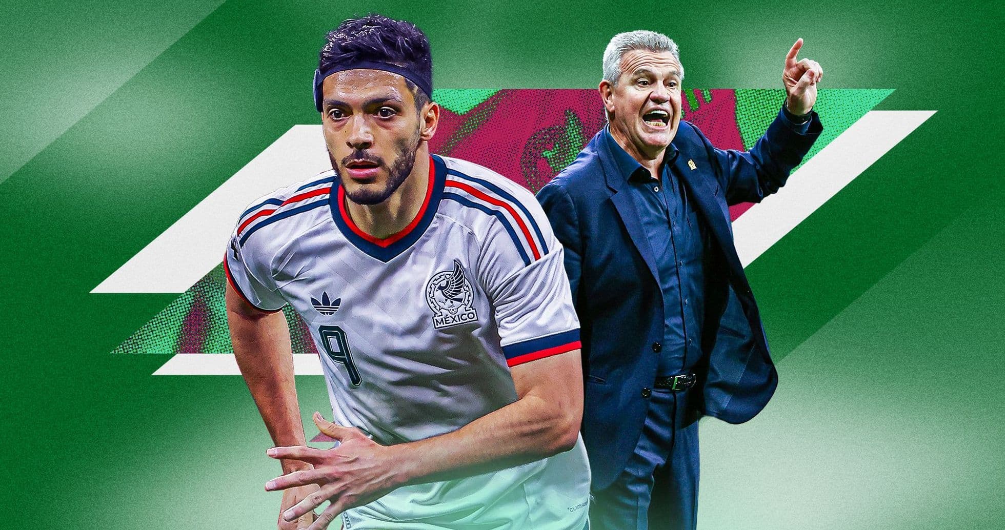 Mexican player and coach on green background