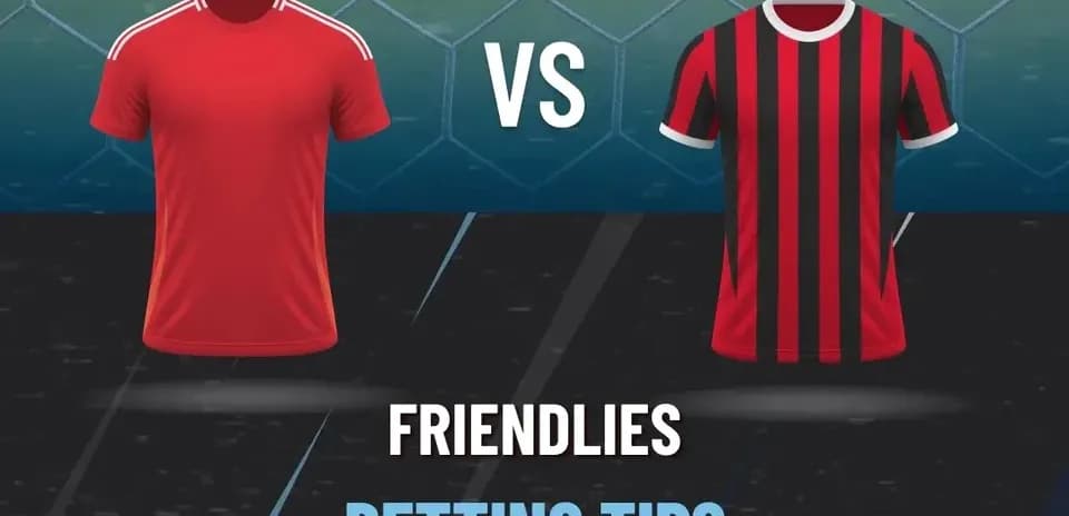 Red and black football jerseys with text 'Friendlies Betting Tips'
