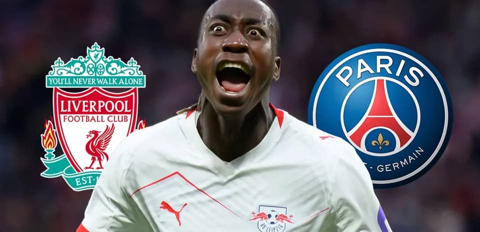 Player celebrating with club logos of Liverpool and PSG