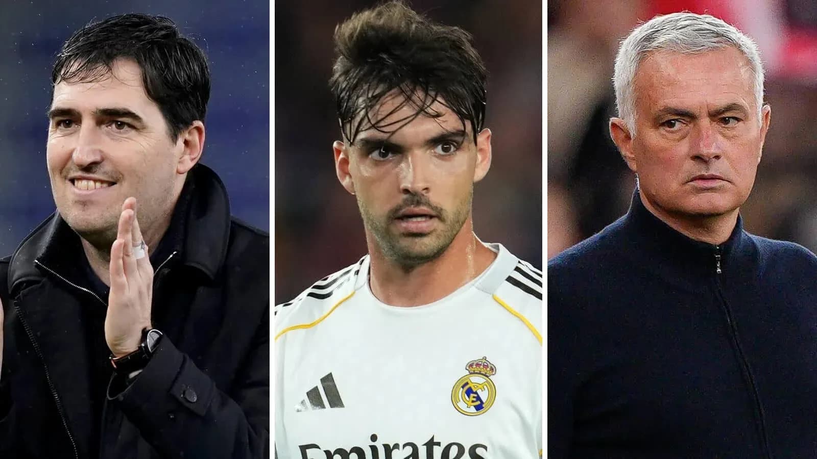Three football figures: coach, player, and manager
