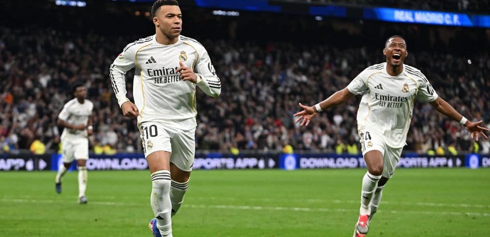 Kylian Mbappe celebrating a goal for Real Madrid
