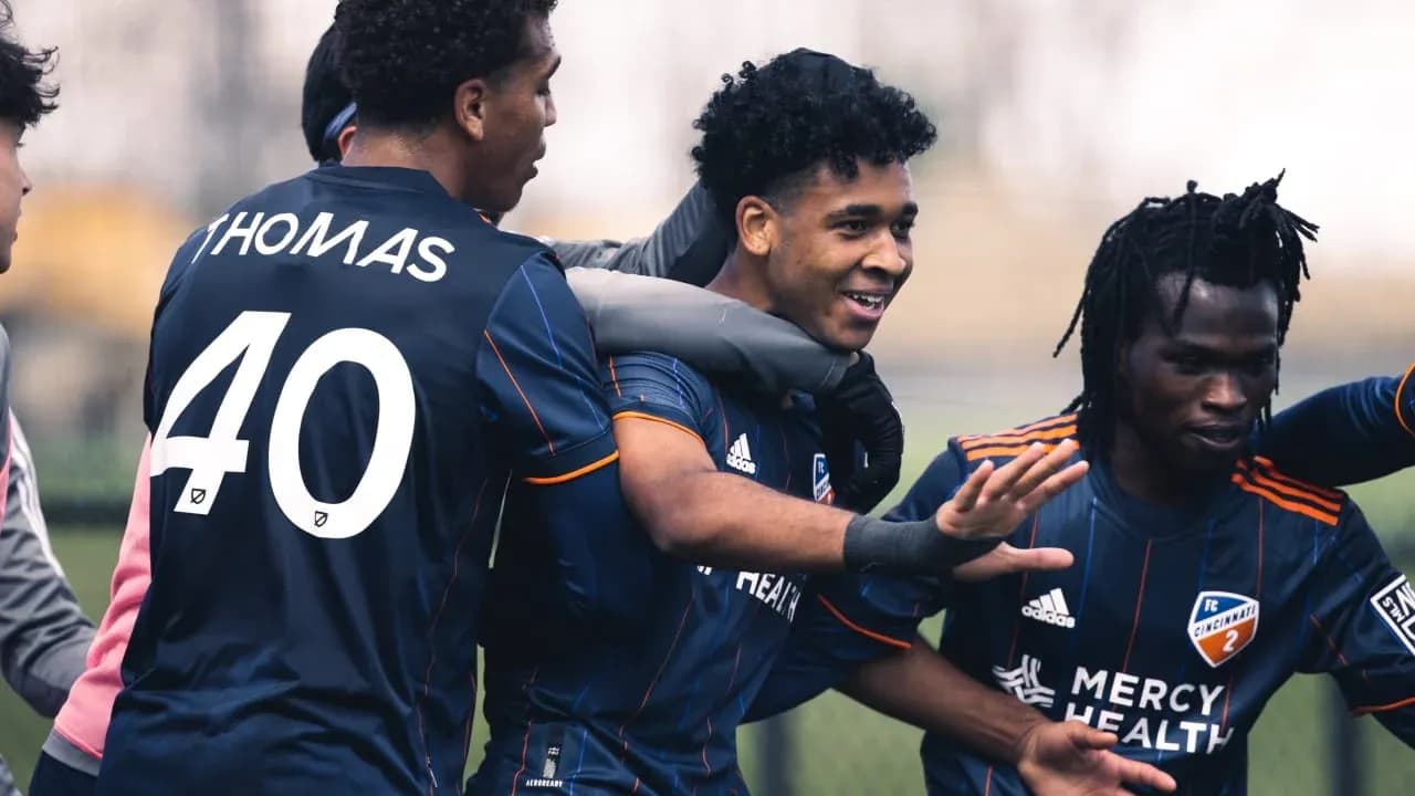 FC Cincinnati II players celebrating a goal