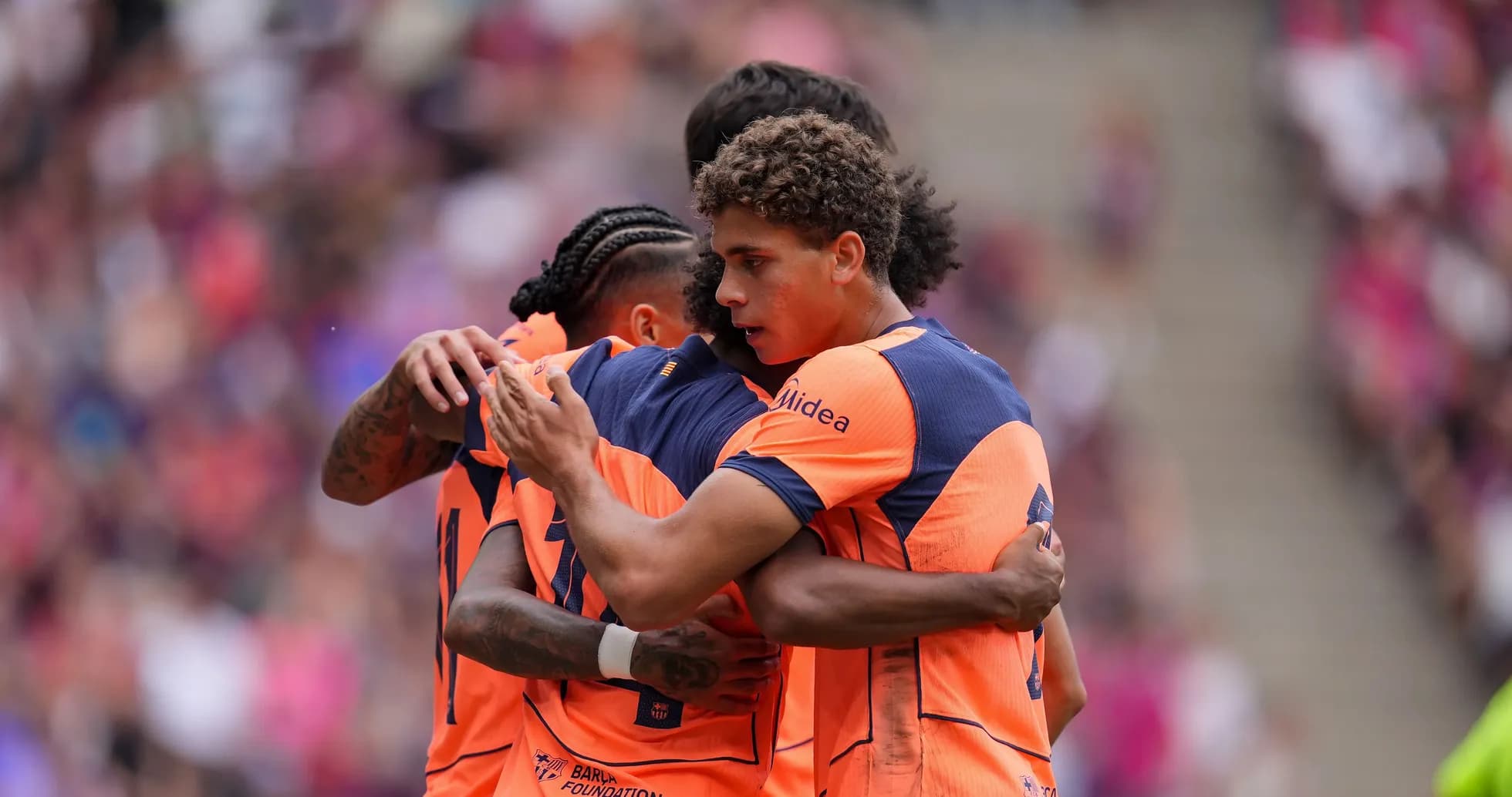 Players celebrating together during a match