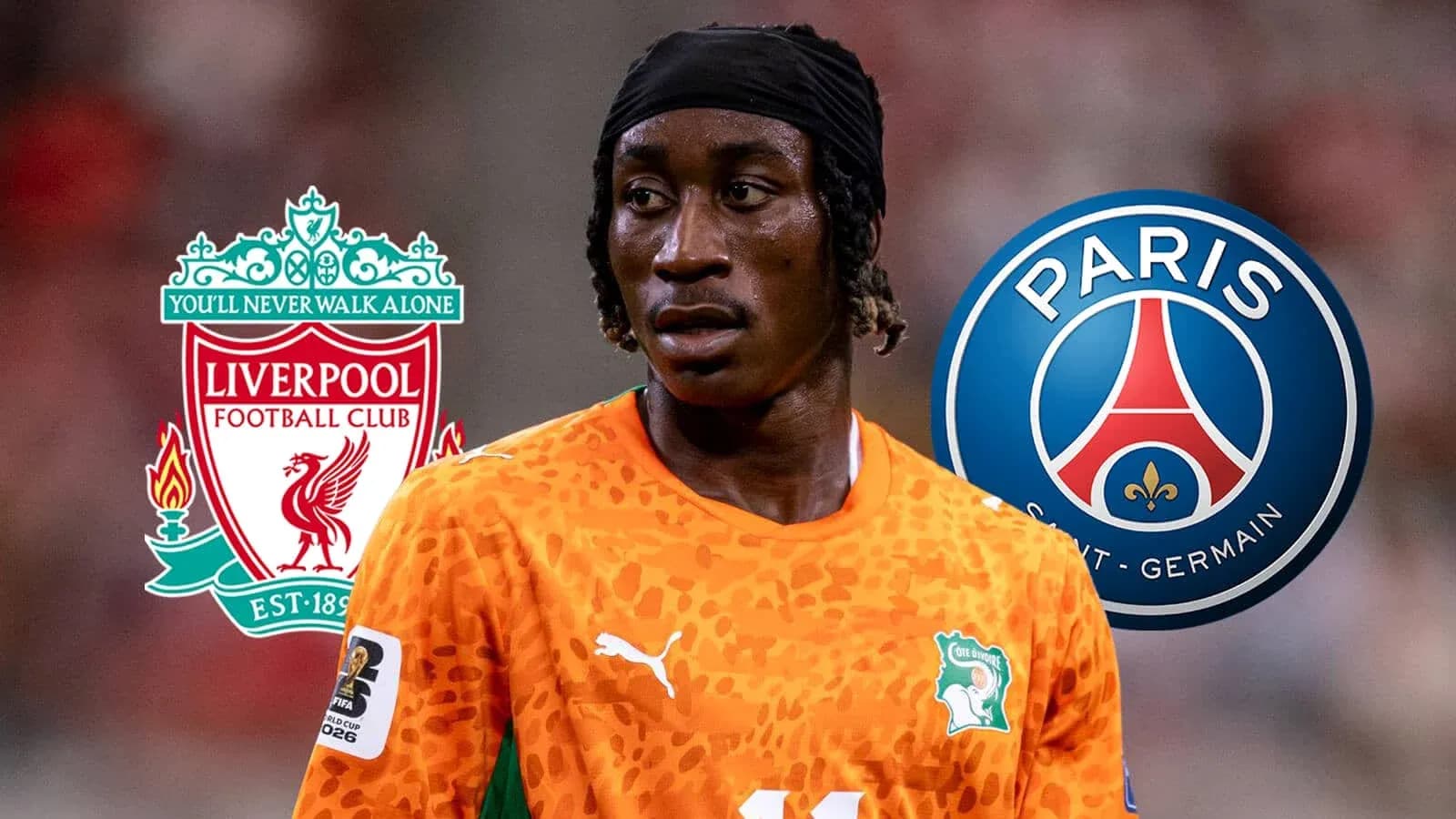 Player in orange jersey with Liverpool and PSG logos