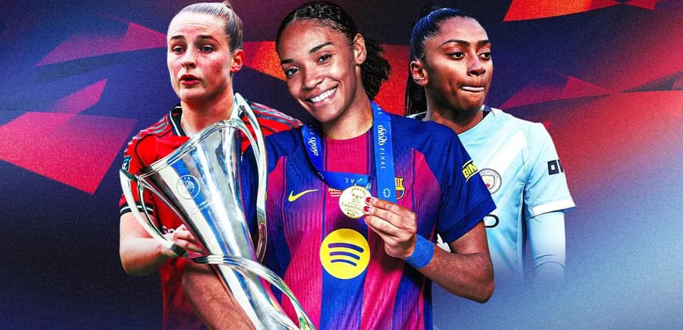 Three women football players celebrating with trophies