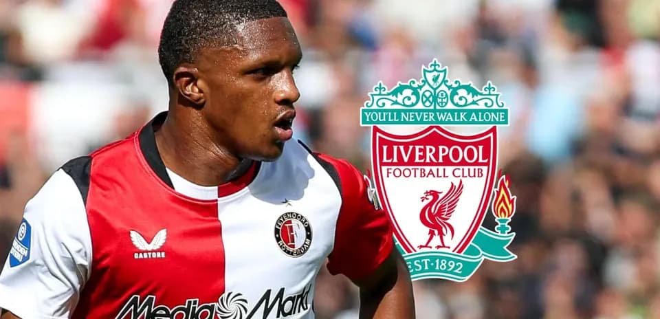 Player in Feyenoord jersey with Liverpool logo background
