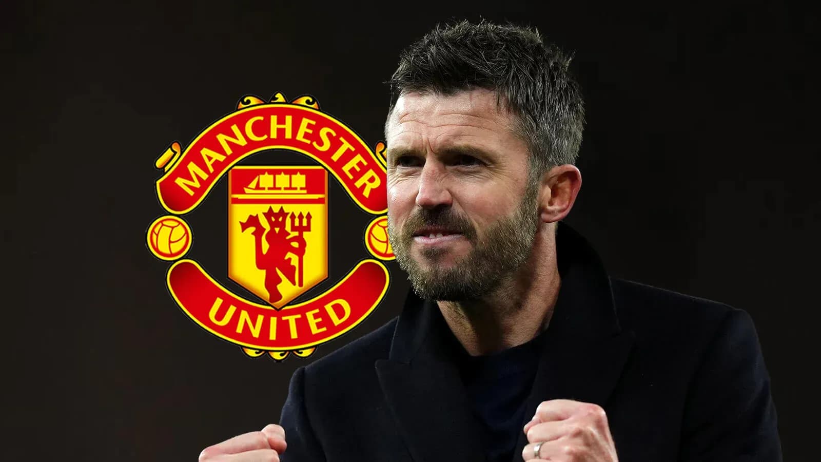 Coach celebrating with Manchester United logo in background