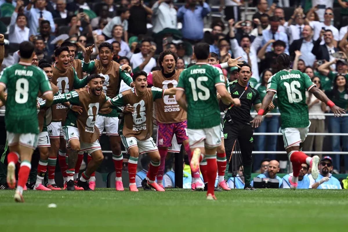 Mexican players celebrating during World Cup match