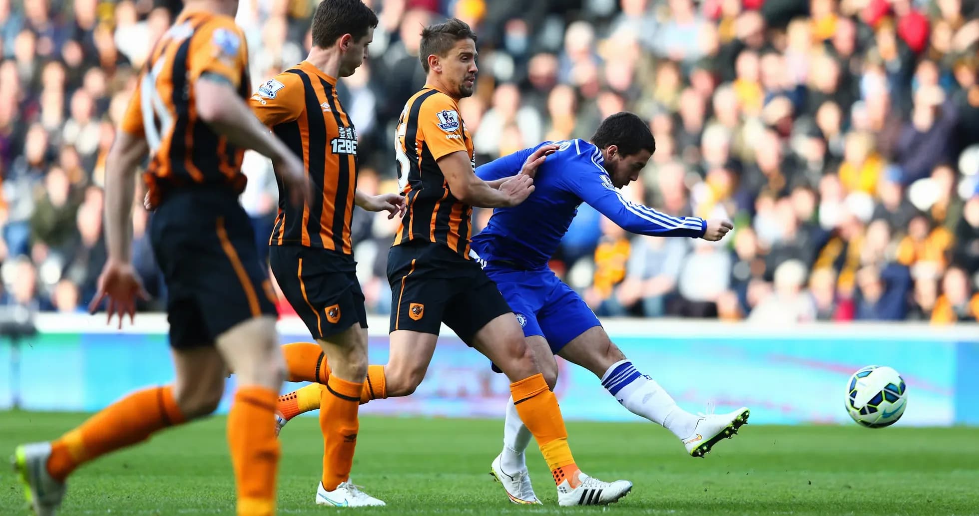 Chelsea player shooting during match against Hull City