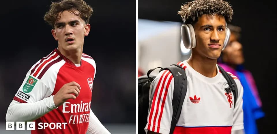 Two football players in Arsenal jerseys, one on pitch