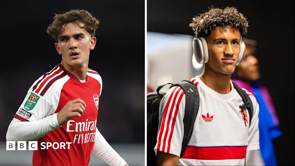 Two football players in Arsenal jerseys, one on pitch