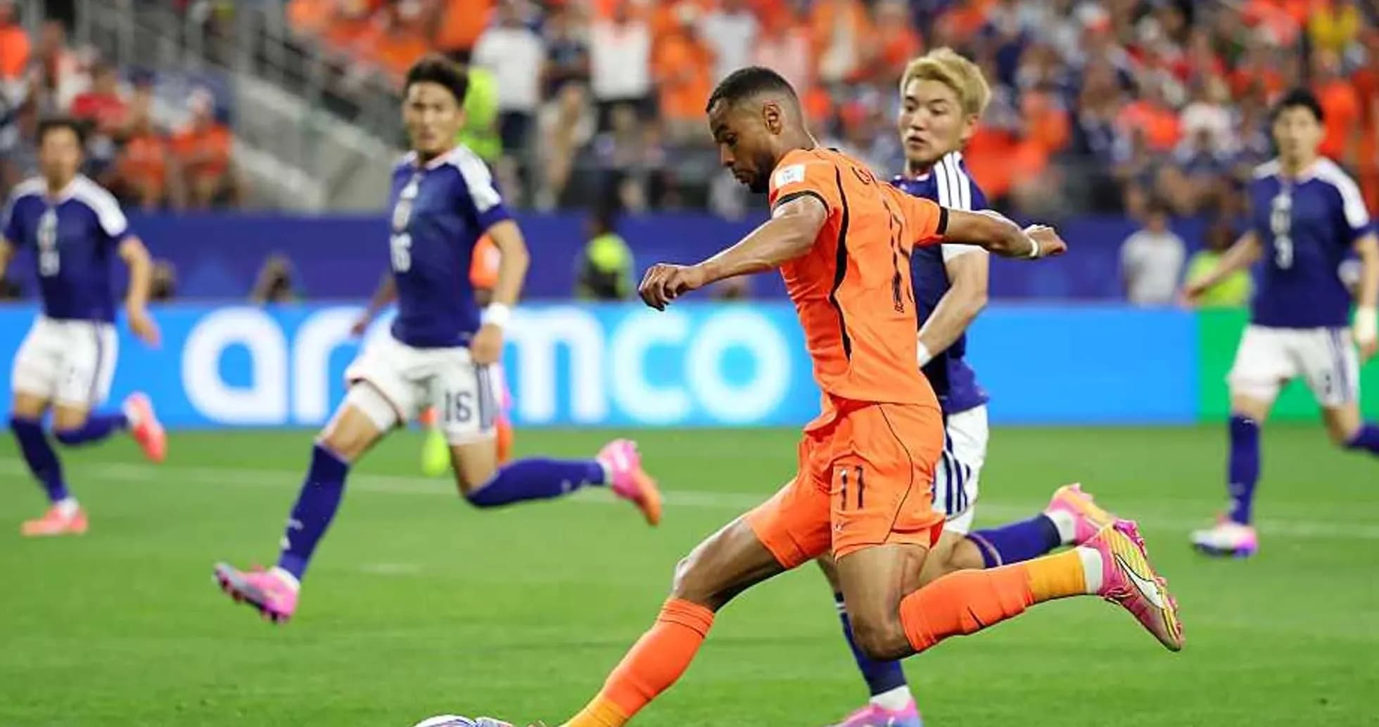 Player kicking ball during Netherlands vs Japan match