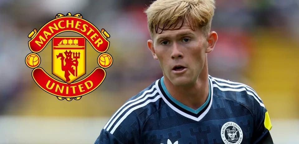 Player in kit with Manchester United logo background